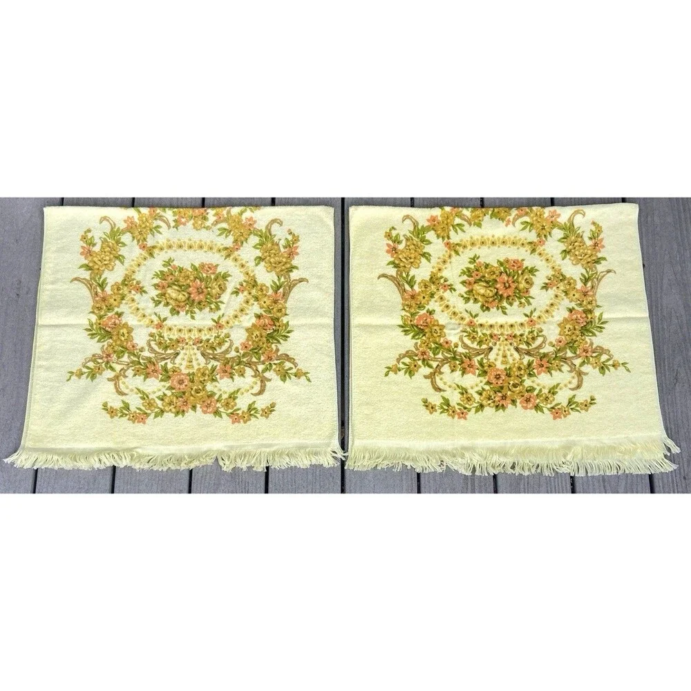 Vintage Tastemaker 100% Cotton Floral Fringe Bath Towels Set Yellow (2) Cottage